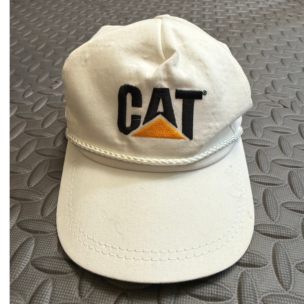 Vintage Caterpillar CAT Rope Hat White Mens Adjustable Cap 90s Farm Construction